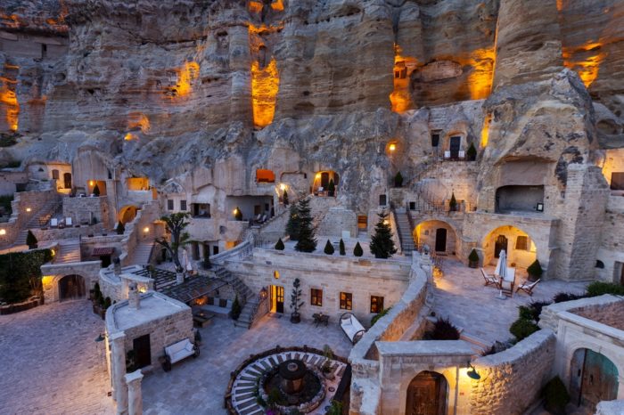 The Yunak Evieri Cave Hotel becomes even more dramatic at night.