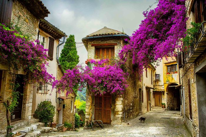 Colorful flowers adorn the streets of an old medieval towns in Provence, France.