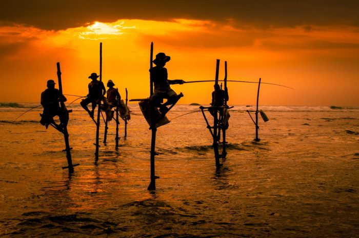 Silhouettes of traditional stilt fishermen in Sri Lanka - Asia's hidden gem.