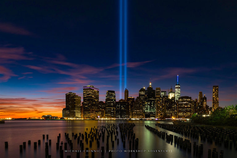 The September 11 twin blue beams shine bright over New York.