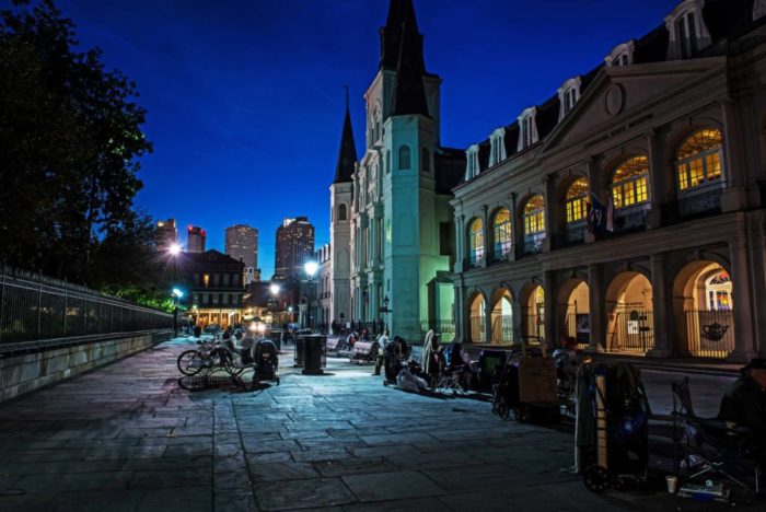 Street scene in New Orleans at dusk.