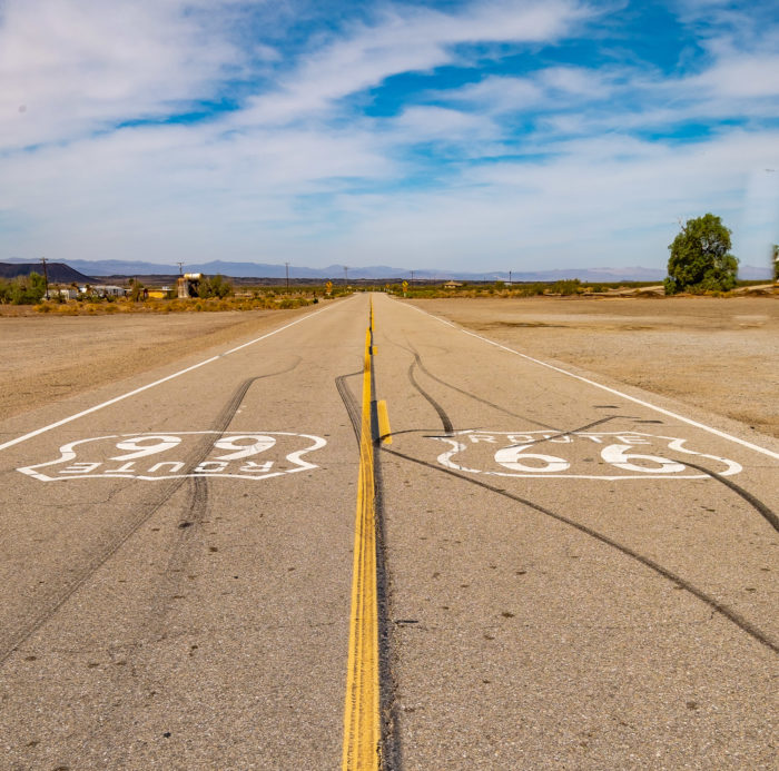Photo of an empty stretch of Route 66 highway on Think Orange, by Jane Jamison.