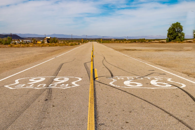 Photo of an empty stretch of Route 66 highway on Think Orange, by Jane Jamison.