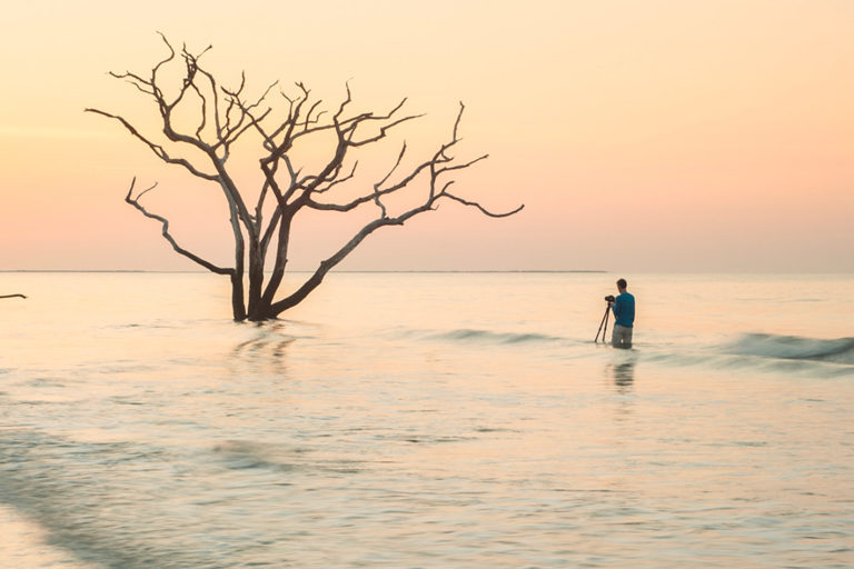 Photographer wading in the water to photograph a tree in South Carolina, by Think Orange Magazine.